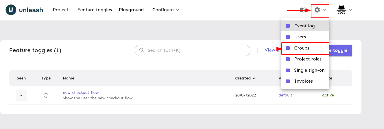 The Unleash Admin UI with the steps highlighted to navigate to groups.